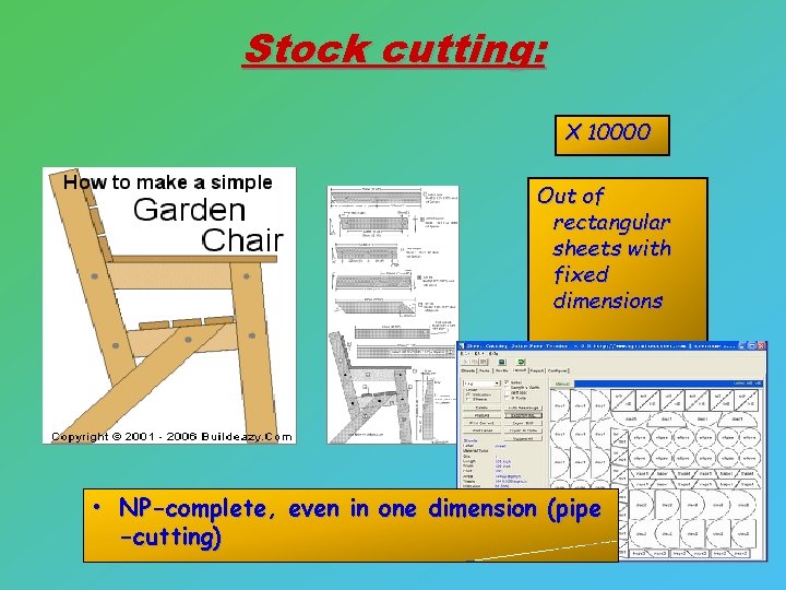 Stock cutting: X 10000 Out of rectangular sheets with fixed dimensions • NP-complete, even