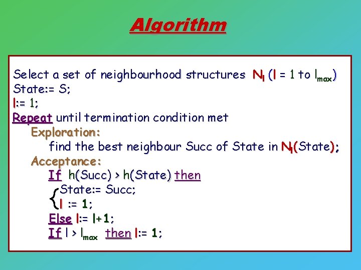 Algorithm Select a set of neighbourhood structures Nl (l = 1 to lmax) State: