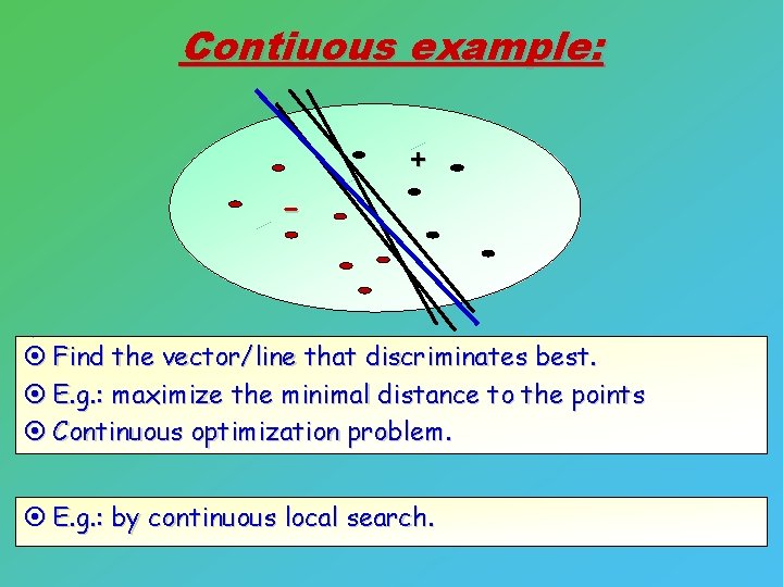 Contiuous example: - + ¤ Find the vector/line that discriminates best. ¤ E. g.