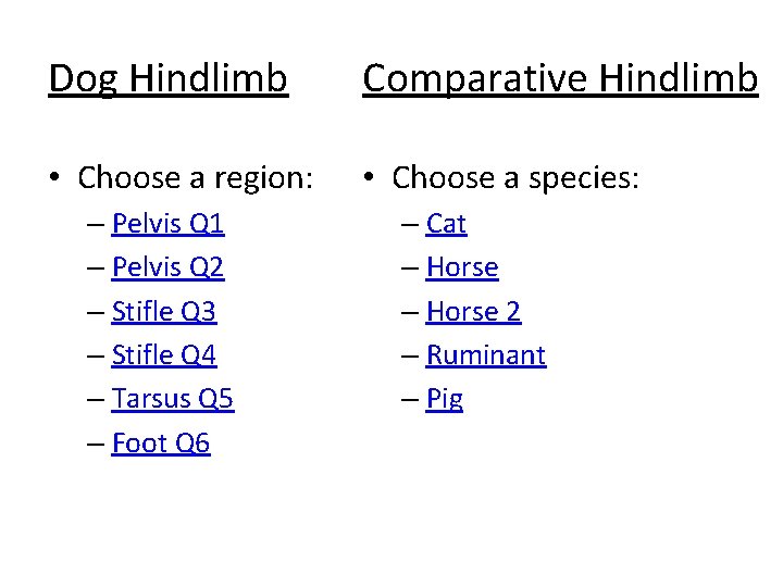 Dog Hindlimb Comparative Hindlimb • Choose a region: • Choose a species: – Pelvis