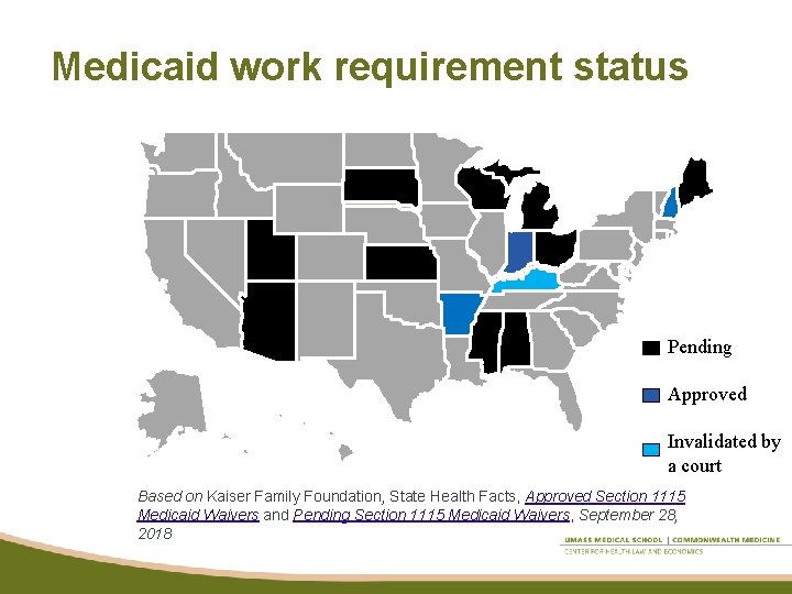 Medicaid work requirement status Pending Approved Invalidated by a court Based on Kaiser Family