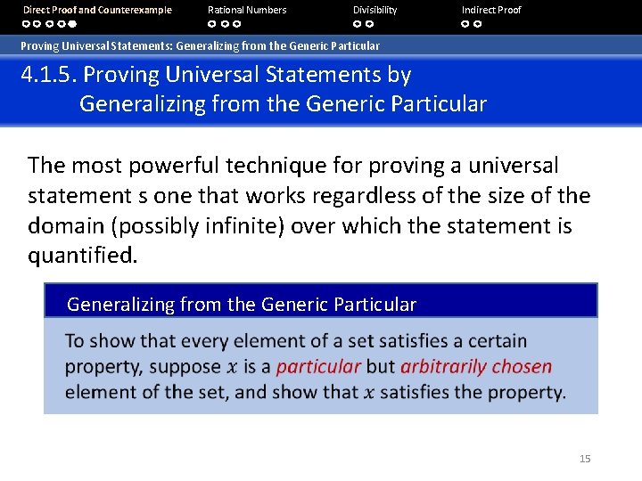 Direct Proof and Counterexample Rational Numbers Divisibility Indirect Proof Proving Universal Statements: Generalizing from