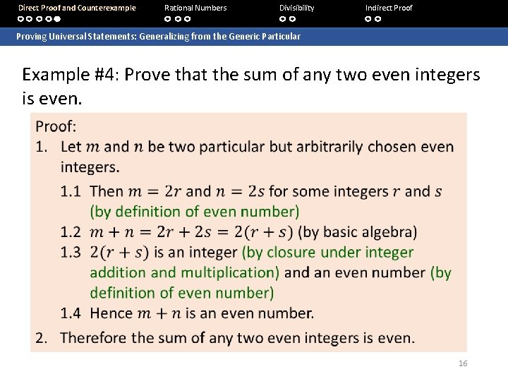 Direct Proof and Counterexample Rational Numbers Divisibility Indirect Proof Proving Universal Statements: Generalizing from