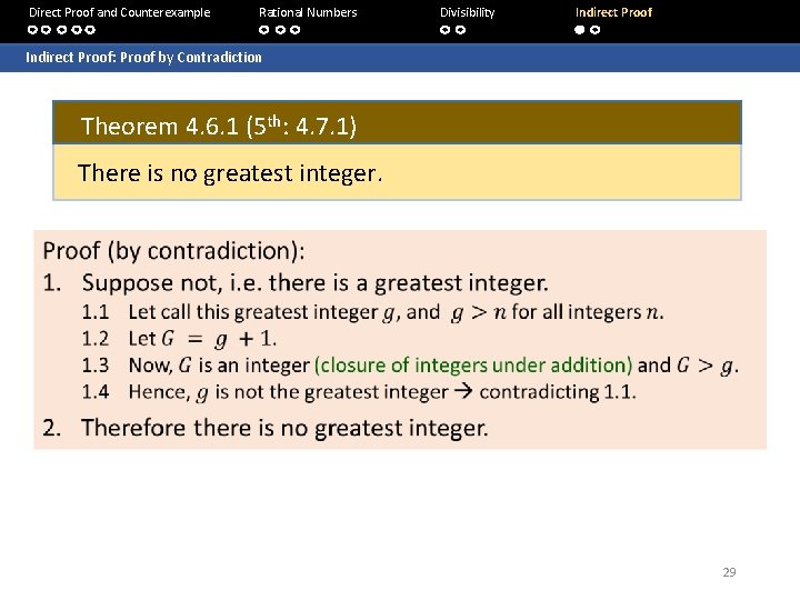 Direct Proof and Counterexample Rational Numbers Divisibility Indirect Proof: Proof by Contradiction Theorem 4.