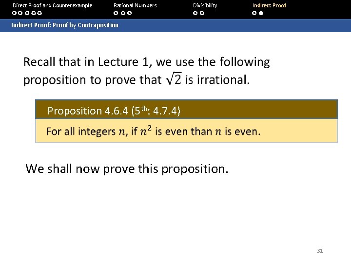 Direct Proof and Counterexample Rational Numbers Divisibility Indirect Proof: Proof by Contraposition Proposition 4.