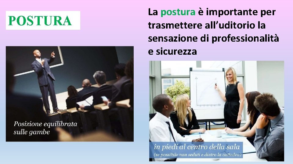 POSTURA La postura è importante per trasmettere all’uditorio la sensazione di professionalità e sicurezza