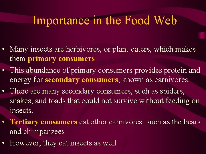 Importance in the Food Web • Many insects are herbivores, or plant-eaters, which makes
