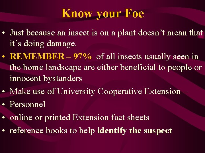 Know your Foe • Just because an insect is on a plant doesn’t mean