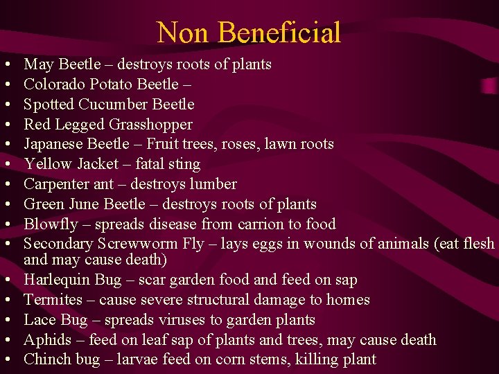 Non Beneficial • • • • May Beetle – destroys roots of plants Colorado