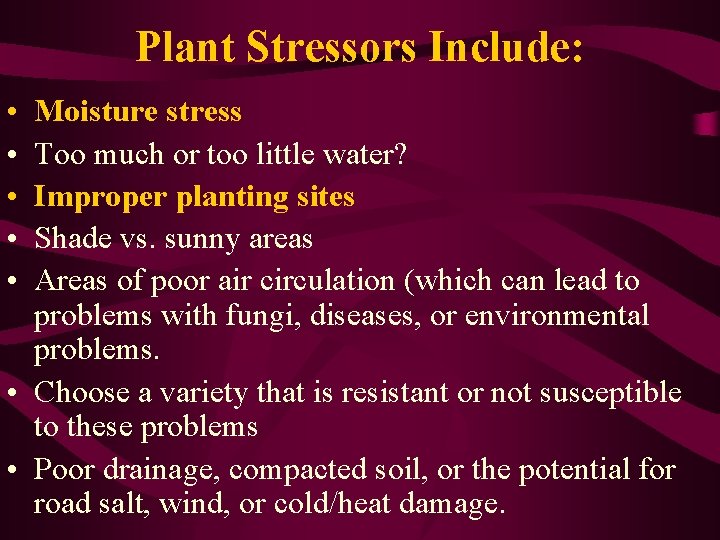 Plant Stressors Include: • • • Moisture stress Too much or too little water?