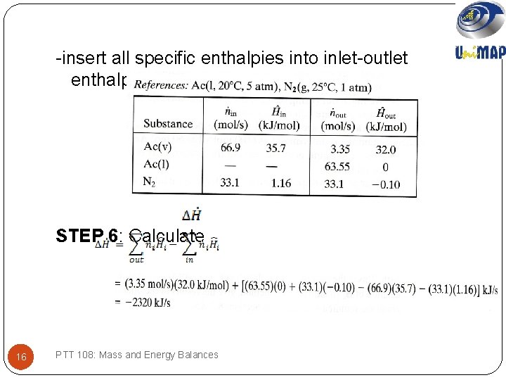 -insert all specific enthalpies into inlet-outlet enthalpy table STEP 6: Calculate 16 PTT 108: