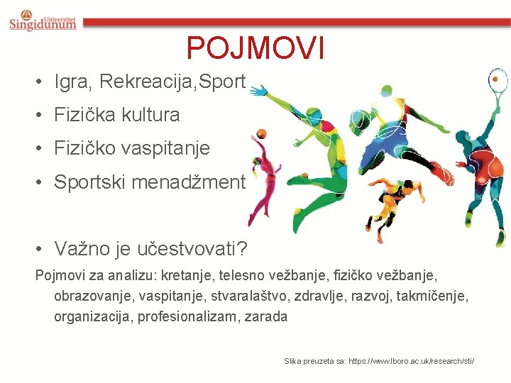 POJMOVI • Igra, Rekreacija, Sport • Fizička kultura • Fizičko vaspitanje • Sportski menadžment