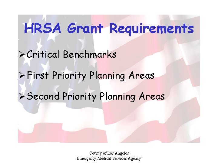 HRSA Grant Requirements Ø Critical Benchmarks Ø First Priority Planning Areas Ø Second Priority