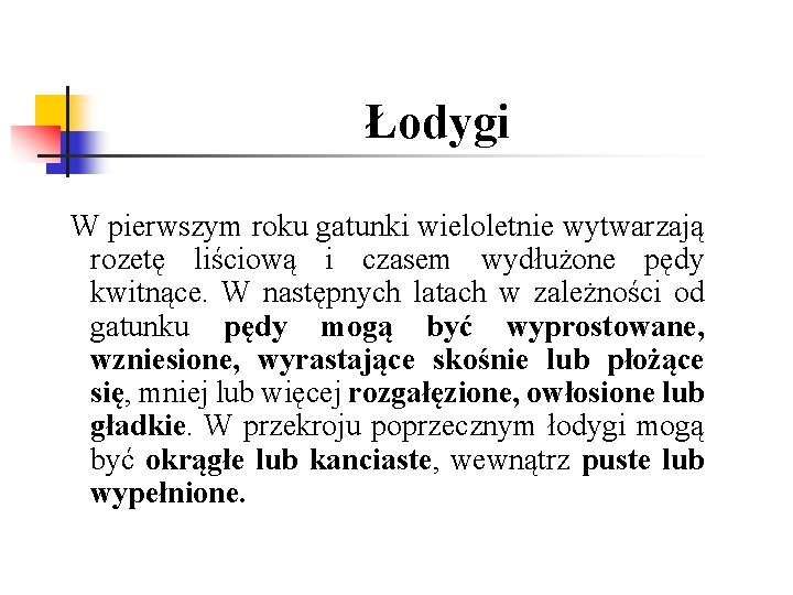 Łodygi W pierwszym roku gatunki wieloletnie wytwarzają rozetę liściową i czasem wydłużone pędy kwitnące.