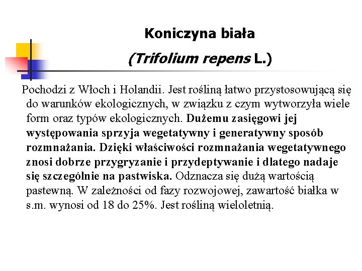 Koniczyna biała (Trifolium repens L. ) Pochodzi z Włoch i Holandii. Jest rośliną łatwo