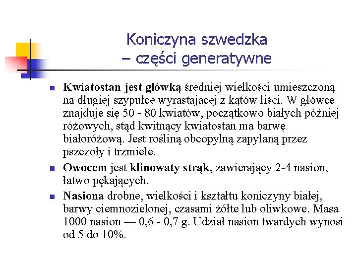 Koniczyna szwedzka – części generatywne n n n Kwiatostan jest główką średniej wielkości umieszczoną