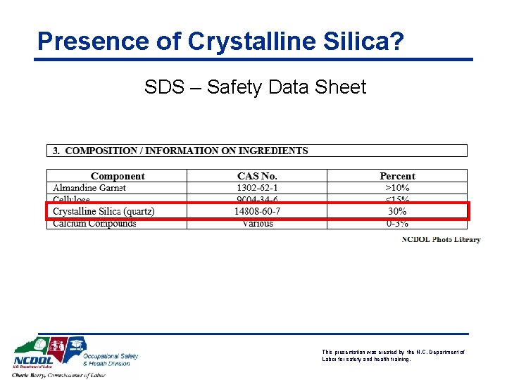 Presence of Crystalline Silica? SDS – Safety Data Sheet This presentation was created by