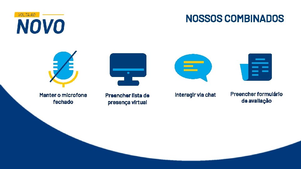 NOSSOS COMBINADOS Manter o microfone fechado Preencher lista de presença virtual Interagir via chat NOSSOS COMBINADOS Manter o microfone fechado Preencher lista de presença virtual Interagir via chat