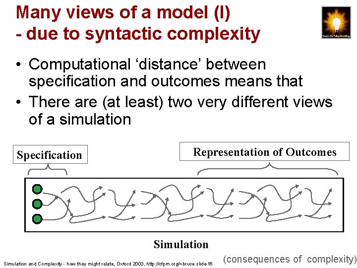 Many views of a model (I) - due to syntactic complexity • Computational ‘distance’