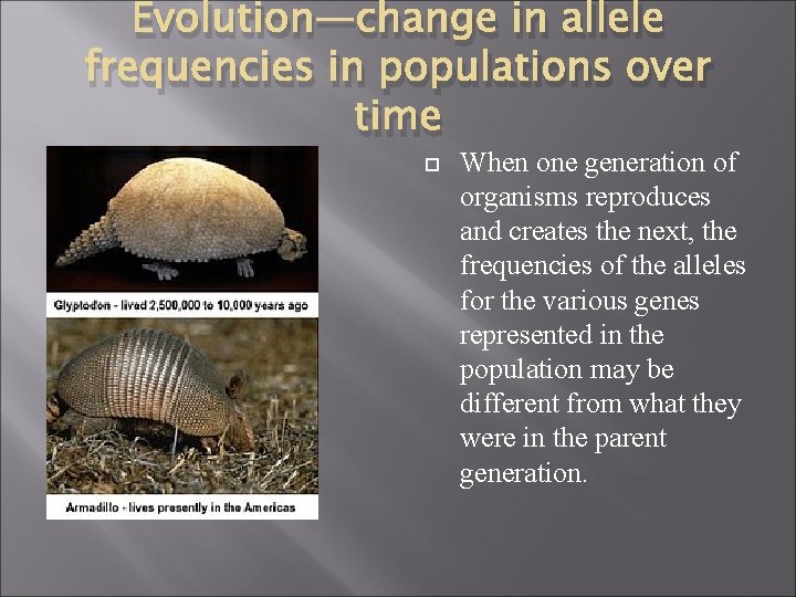 Evolution—change in allele frequencies in populations over time When one generation of organisms reproduces