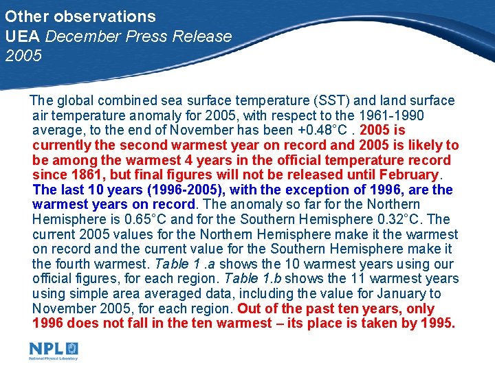 Other observations UEA December Press Release 2005 The global combined sea surface temperature (SST)