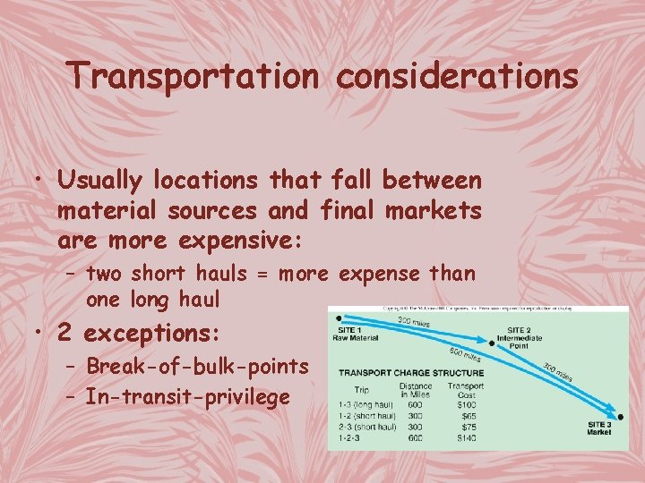 Transportation considerations • Usually locations that fall between material sources and final markets are
