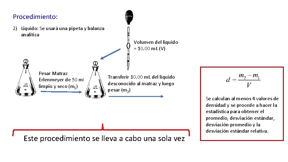 Procedimiento: 2) Liquido: Se usará una pipeta y balanza analítica Volumen del liquido =