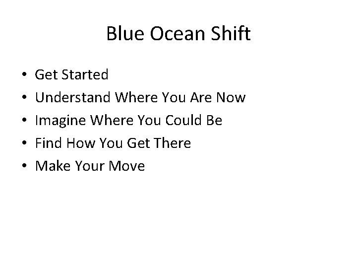 Blue Ocean Shift • • • Get Started Understand Where You Are Now Imagine