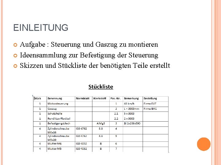 EINLEITUNG Aufgabe : Steuerung und Gaszug zu montieren Ideensammlung zur Befestigung der Steuerung Skizzen