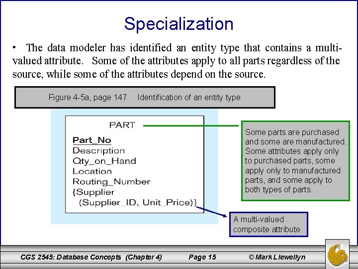 Specialization • The data modeler has identified an entity type that contains a multivalued