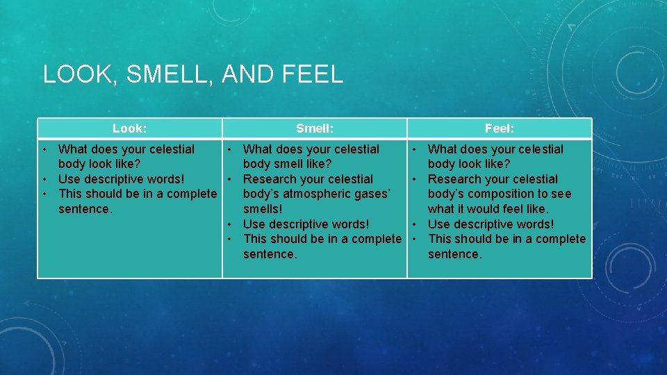 LOOK, SMELL, AND FEEL Look: Smell: • What does your celestial body look like? LOOK, SMELL, AND FEEL Look: Smell: • What does your celestial body look like?