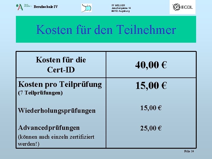 Berufsschule IV FF WELSER Jesuitengasse 14 86152 Augsburg Kosten für den Teilnehmer Kosten für