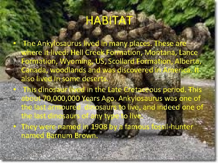 HABITAT • The Ankylosaurus lived in many places. These are where it lived: Hell