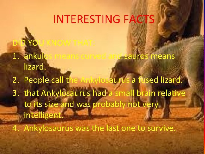 INTERESTING FACTS DID YOU KNOW THAT: 1. ankulos means curved and sauros means lizard.