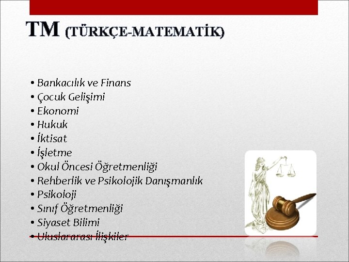 TM (TÜRKÇE-MATEMATİK) • Bankacılık ve Finans • Çocuk Gelişimi • Ekonomi • Hukuk •