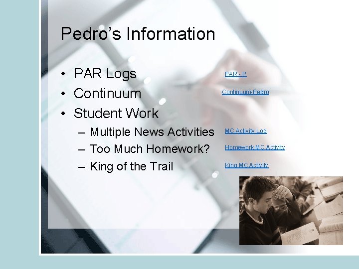Pedro’s Information • PAR Logs • Continuum • Student Work – Multiple News Activities