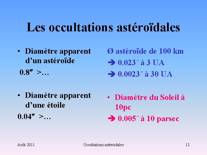 Les occultations astéroïdales • Diamètre apparent d’un astéroïde 0. 8 >… Ø astéroïde de