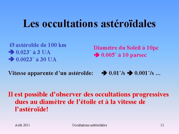 Les occultations astéroïdales Ø astéroïde de 100 km 0. 023˝ à 3 UA 0.