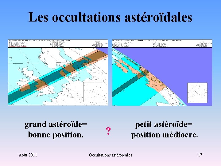 Les occultations astéroïdales grand astéroïde= bonne position. Août 2011 ? petit astéroïde= position médiocre.