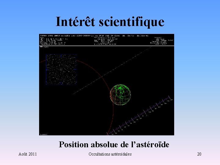 Intérêt scientifique Position absolue de l’astéroïde Août 2011 Occultations astéroïdales 20 
