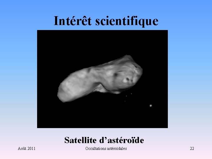 Intérêt scientifique Satellite d’astéroïde Août 2011 Occultations astéroïdales 22 