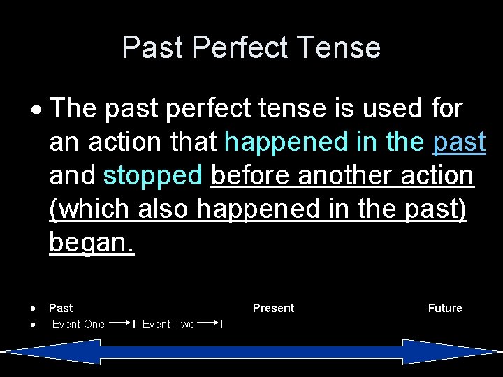 Past Perfect Tense The past perfect tense is used for an action that happened