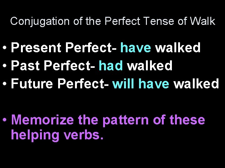 Conjugation of the Perfect Tense of Walk • Present Perfect- have walked • Past