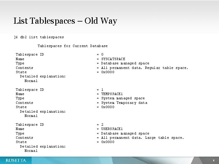 List Tablespaces – Old Way ]$ db 2 list tablespaces Tablespaces for Current Database