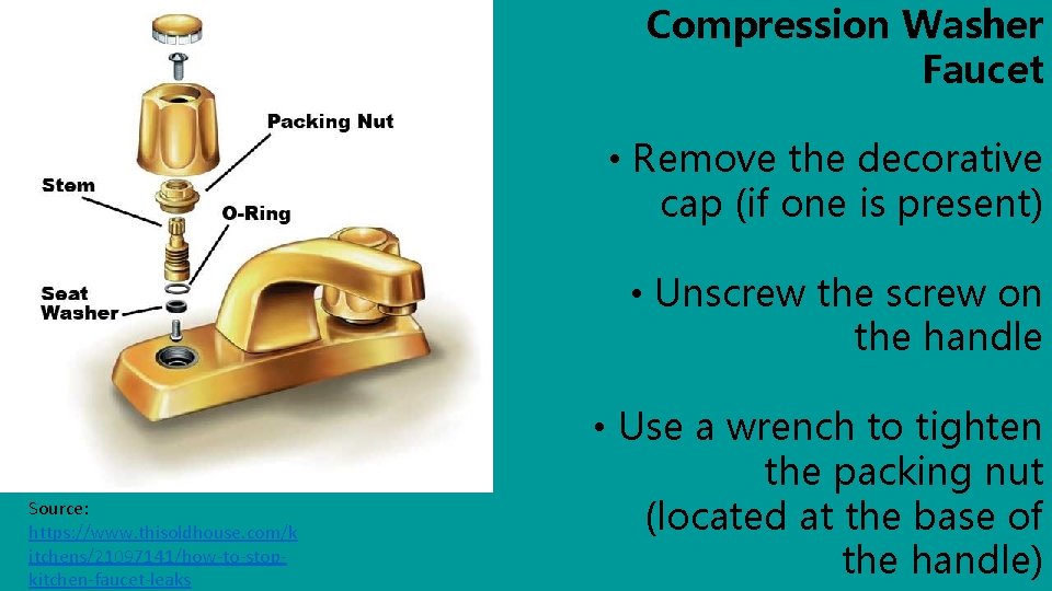 Compression Washer Faucet • Remove the decorative cap (if one is present) • Unscrew