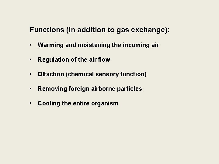 Functions (in addition to gas exchange): • Warming and moistening the incoming air •