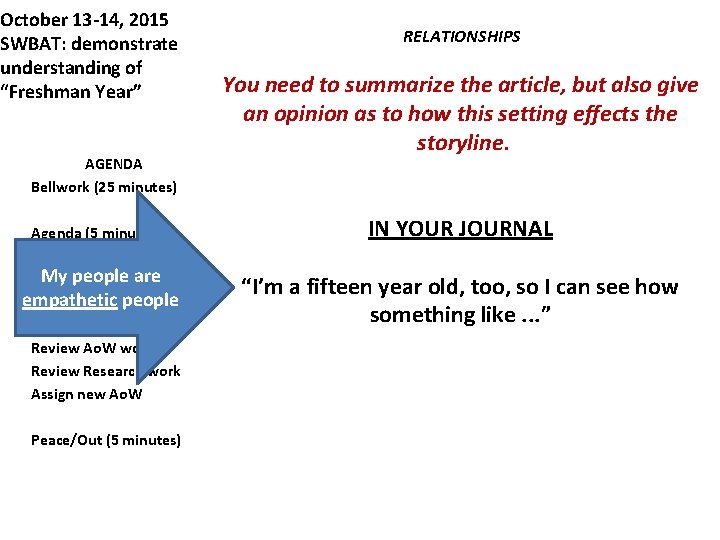 October 13 -14, 2015 SWBAT: demonstrate understanding of “Freshman Year” AGENDA Bellwork (25 minutes)