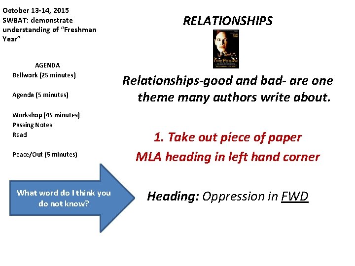 October 13 -14, 2015 SWBAT: demonstrate understanding of “Freshman Year” AGENDA Bellwork (25 minutes)