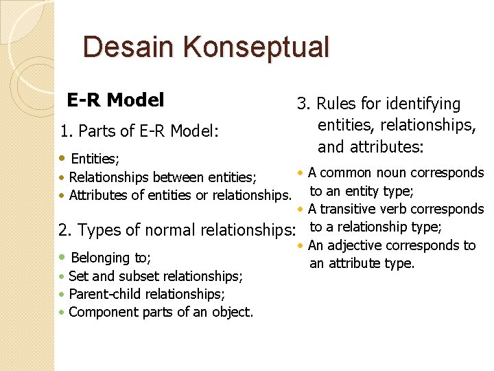 Desain Konseptual E-R Model 1. Parts of E-R Model: • Entities; 3. Rules for