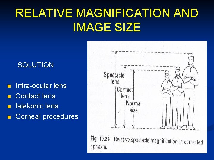 RELATIVE MAGNIFICATION AND IMAGE SIZE SOLUTION n n Intra-ocular lens Contact lens Isiekonic lens